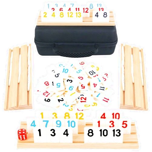 Receka Rummy Game with Case 2-4 Players Board Game Set for Adults with Black Portable Storage Case 106 Rummy Tiles 4PCS Wooden Trays Racks for Family Classic Travel Game