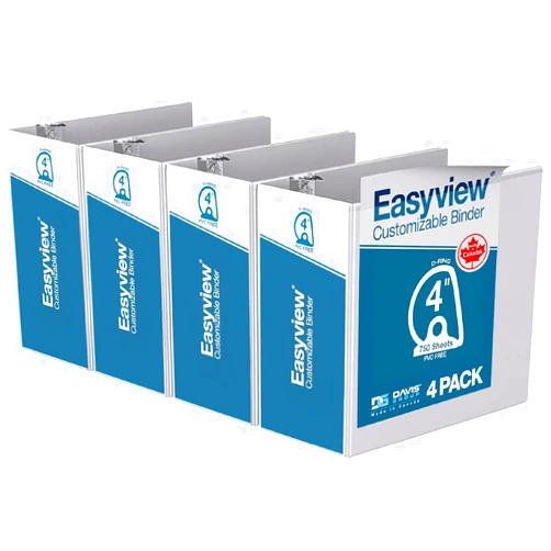 Davis Group Easyview Premium 3-Ring Binders with Clear-View Covers and D Rings, Binders for School or Office, 4 Inch, Pack of 4, White