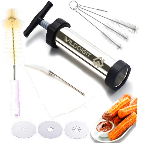 WILDDIGIT Churro Maker Kits, Stainless Steel Churro Maker, Piping Bag, Churro Filler, 4 Brushes and 3 Nozzles