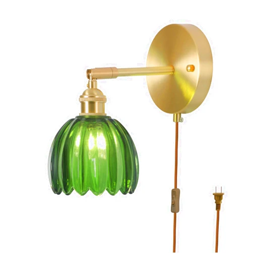 NUSRAN Plug in Wall Sconces, Vintage Wall Lamp with Green Tulip Glass Lampshade, 180° Adjustable Brass Wall Lamps with On/Off Switch, Wall Lamps for Bedroom, Wall Lamps for Living Room 【Bulbs Included】