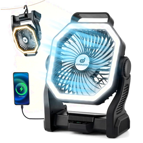Odoland LED Camping Lantern with Fan, 20000mAh Battery Operated Camp Fan with 4 Speeds and Hook, Portable Rechargeable Outdoor Tent Light for Picnic Power Outage Travel Jobsite Home Beach, Black