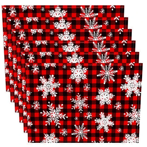 Maxpearl Buffalo Plaid Christmas Placemats Set of 6, Winter Holiday Thanksgiving Snowflake Table Mats - Heat, Wear Resistant Place Mats for Kitchen Dining Table Decorations, 18 × 12 Inch
