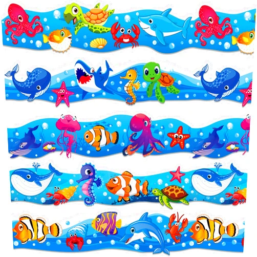 Whaline 69Ft Ocean Bulletin Board Borders Marine Animals Adhesive Trim Border for Summer Under The Sea Classroom Office Decoration
