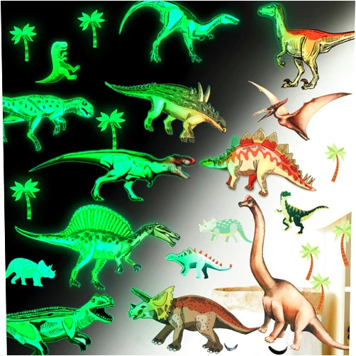 Tenare 39 Pieces Dinosaur Wall Decals for Kids Living Room Glow in The Dark Stickers Large Dinosaur Wall Decor Stickers for Living Room,Classroom, Baby Birthday Christmas Party (Luminous Material)