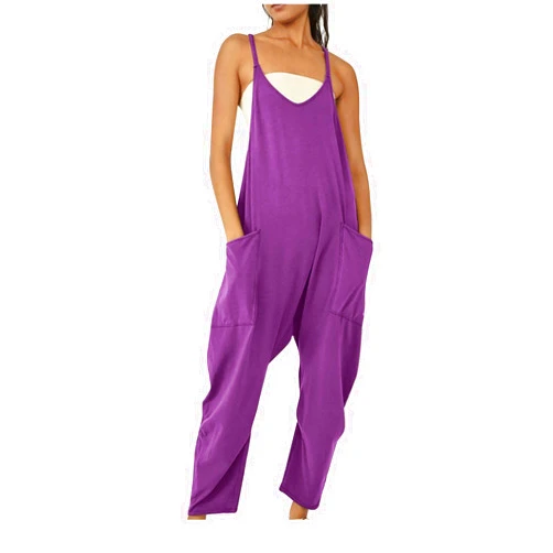 SMIDOW Jumpsuit For Women Dressy Casual Loose Sleeveless Spaghetti Strap Stretchy Wide Leg Long Pant Romper With Pockets