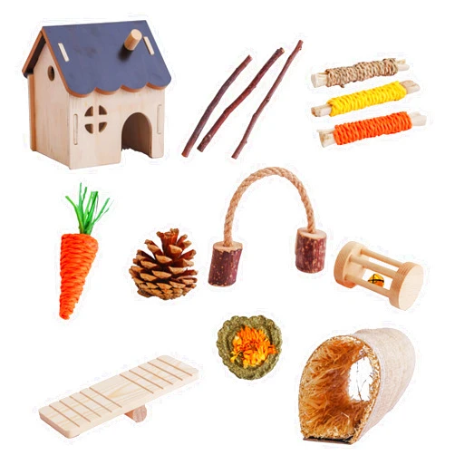 GOODMOM 14pcs Hamster Cage Accessories Bunny Toys for Guinea Pig Chinchillas Gerbils Mice Rats Mouse Rabbit Bunny Wooden House Hiding Nest Seesaw Rabbit Chew Toys for Teeth Chinchilla Toys