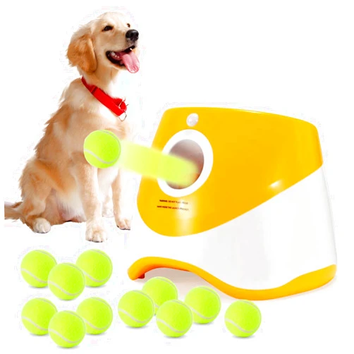 WEUYUY Automatic Dog Ball Launcher, with 12PCS Tennis Ball 3 Adjustable Distances Settings, Rechargeable Ball Launcher for Dogs,Interacive Dog Toys Thrower Machine Perfect for Small Dogs(Yellow)