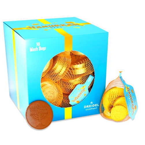 The Dreidel Company Original Hanukkah Chocolate Gelt Gold Coins, Mesh Bags, Made with Premium Belgian Milk Chocolate, Gluten Free, Non-GMO, Kosher Certified (Single, 10 Mesh Bags)