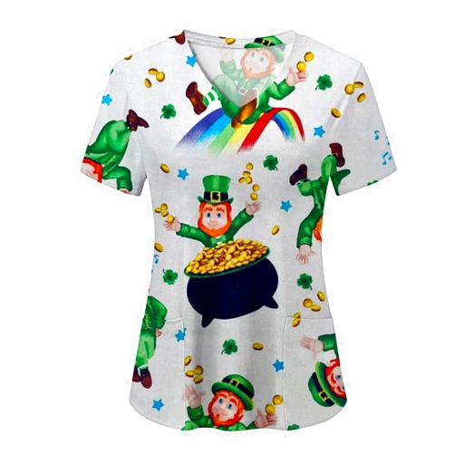 Generic Womens St Patricks Day Shirt V Neck Blessed and Lucky Medical Scrubs Short Sleeve Oversized Tunic Uniform Blouse with Pockets