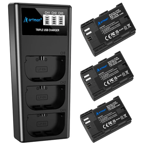 A Artman Artman LP-E6N LP-E6 Battery 3-Pack 2750mAh and 3-Slot LCD Charger for EOS R R5 R6 R7, R5 C, R6 Mark II,EOS 5D Mark II III IV,5D SR,6D Mark II 7D Mark II,6D 7D 90D 80D 70D 60D 60DA,XC10 XC15 Camera