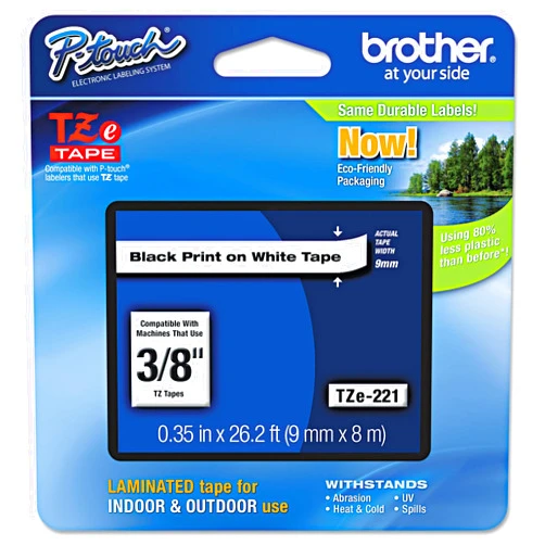 Brother Tape, Retail Packaging, 3/8 Inch, Black on White (TZe221)