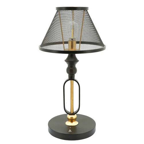 Benzara Benjara BM309628 19 in. Hollow Body Table Lamp with Round Metal Mesh Shade & Stand Black & Gold