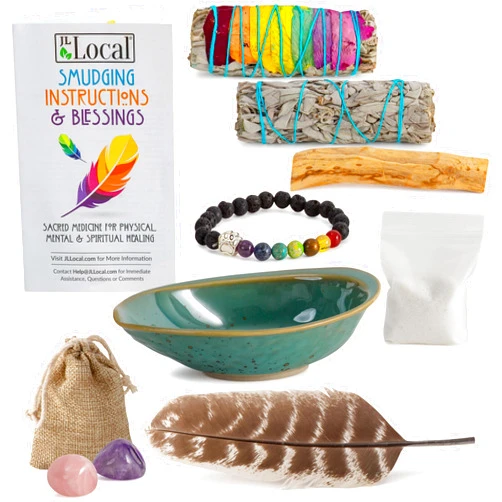 JL Local Sage Smudge Kit with Chakra Sage, White Sage, Palo Santo, Rose Quartz, Amethyst, Ceramic Abalone Shell, White Sand, Chakra Stone Bracelet, Instructions & Blessings | Sage Smudging Kit for Cleansing
