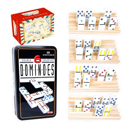 GOTHINK Dominoes Set for Adults with 4 Wooden Trays/Racks, Double 6 Dominoes Set Travel Set with 4 Tiles Holders, 28 Tile Colored Dot Dominos in Tin Box Classic Family Board Games for 2-4 Players