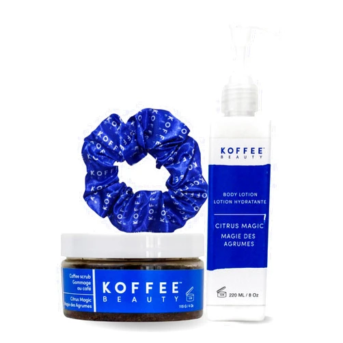 Koffee Beauty Citrus Magic Gift Set, 3 pcs - Coffee Body Scrub with Hair Scrunchie - Non-Greasy Body Lotion - Nutrient-Rich Body Exfoliator - Skin Care Gift Set for All Skin Types