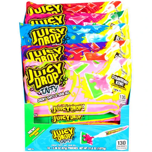 Juicy Drop Taffy Variety Pack, Assorted Flavors Sweet Chewy Candy with Sour Gel Pen, 2.36 Oz, 16 Count
