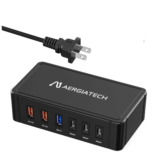 Aergiatech 128W USB C Charger, 6-Port Desktop Charging Station, Max 65W Laptop Charger for MacBook Pro/Air, iPhone 14/13/Mini/Pro/13Pro Max/12, Samsung, International Charger Come with EU and US Plugs - Black