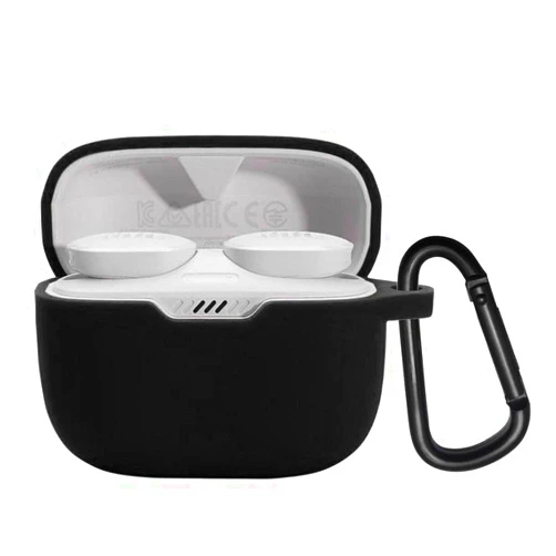PIUAMUNKJ Soft Silicone Protective Case Cover Compatible with JBL Tune 130NC TWS True Wireless Earphones Shockproof Portable Cover with Carabiner（Black）