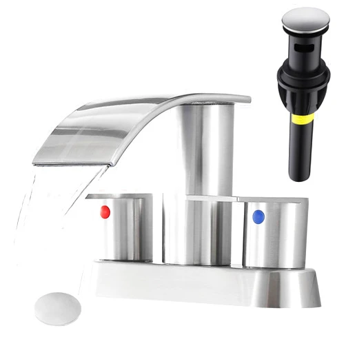 Fransiton Waterfall Bathroom Sink Faucet 4 Inch Brushed Nickel Faucet Bathroom with Pop Up Drain 2 or 3 Holes Bathroom Basin Lavatory Mixer Tap with Deck Mount Plate