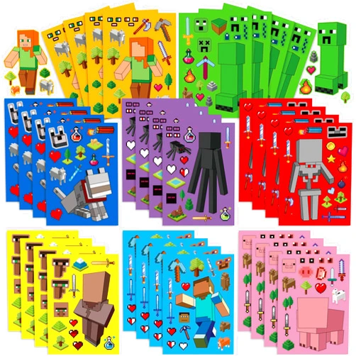 BENGOOD Pixel Make-a-face Stickers Sheets Make Your Own Stickers,Mixed & Matched with 8 Designed Characters(3 of Each) Stickers for Party Favors Supplies, Reward, Decor, Gift Idea