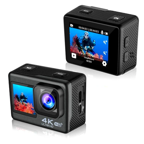 Sixmou SU7 4K 60fps Action Camera with Dual Screen,Remote Control,Image Stabilization, Outdoor Sports Underwater Video Camera for Diving,Skiing,Motorcycle and Bike Helmet Camera