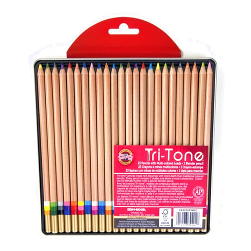 Koh-I-Noor Tri-Tone Multi-Colored Pencil Set, 24 Assorted Colors in Tin and Blister-Carded (FA33TIN24BC)