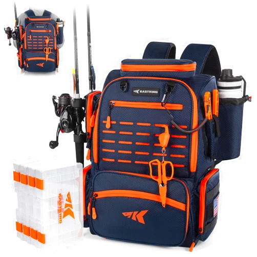 KastKing Bait Boss Fishing Tackle Backpack with Rod Holders-4 Tackle Boxes-Rain Cover,45/43L Large Storage for Fishing Gear