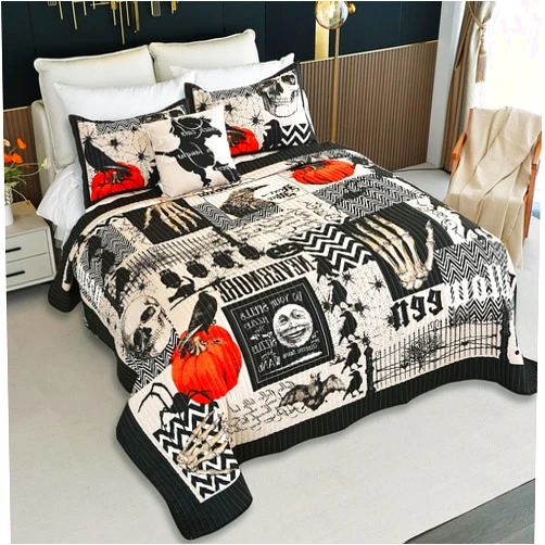 Cmfshape Halloween Quilt Set Queen Size,Black Orange Reversible Quilt Bedding Set 4PCS,Cat Pumpkin Spider Festival Themed Bedspread Full,Decorative Bedding Coverlet with 3 Pillow Shams(Orange&Black,90