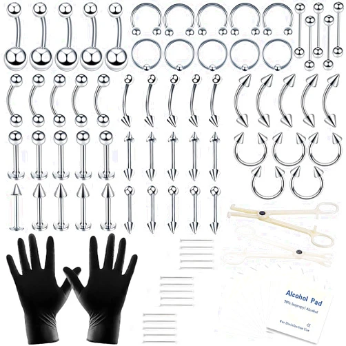 A-minusone 84 & 98 & 120 PCS Body Septum Piercing Kit 14G 16G Tools for Nose Tongue Lip Ear Eyebrow Belly Button Cartilage Tragus Industrial Barbell Helix Daith Piercing Jewelry Clamps