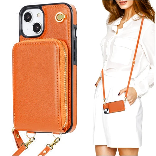 KIHUWEY Crossbody Wallet Case for iPhone 13 iPhone 14, Zipper Pocket Case with Card Holder, PU Leather RFID Blocking Protective Cover Case with Kickstand Detachable Wrist Strap Lanyard 6.1