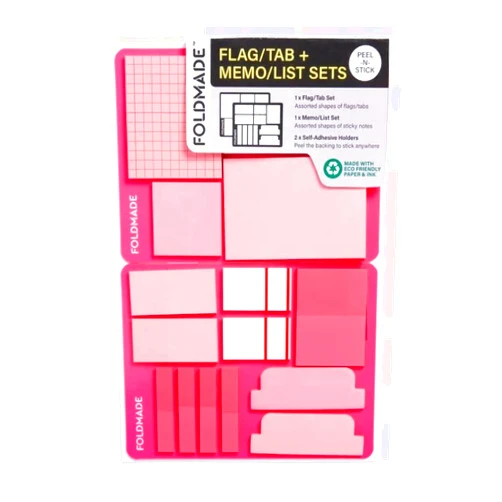 Foldmade Flag Tab Note Pad Set - Neon Pink, 620 Count, Peel-N-Stick Holder