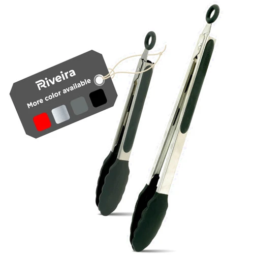 Riveira Tongs for Cooking with Silicone Tips | 9 and 12-Inch Pieces Set | Non-Stick Kitchen Grill Tongs | BBQ Grilling Tong | 550°F High Heat-Resistant Premium Silicone Tips | 304 Stainless Steel