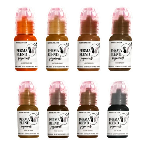 Perma Blend Sun-Kissed Palette Eyebrow Tattoo Ink Pigment Set, Professional Brow Microblading Supplies, Ultra, Dark and Ginger Blonde, Light, Warm, Rich and True Brown and Jet Black, 1/2 oz Bottles