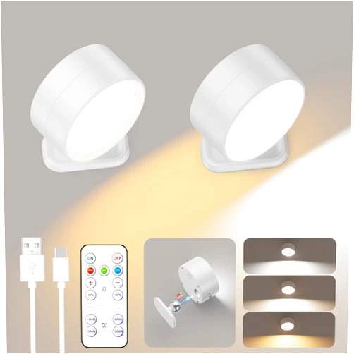 Brightown LED Magnetic Wall Sconce Lights, 2 Pack USB Rechargeable Wall Mounted Lights with Remote, 3 Lighting Colors and Dimmable, 360° Rotation Cordless Wall Mount Lamp for Bedroom, White