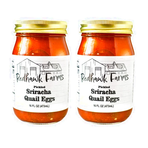 Redhawk Farms Sriracha Pickled Quail Eggs - Spicy Pickled Eggs in a Sriracha Chili Sauce Brine - Gourmet Snacks & Garnishes - Made In The USA (16 oz, Pack of 2)