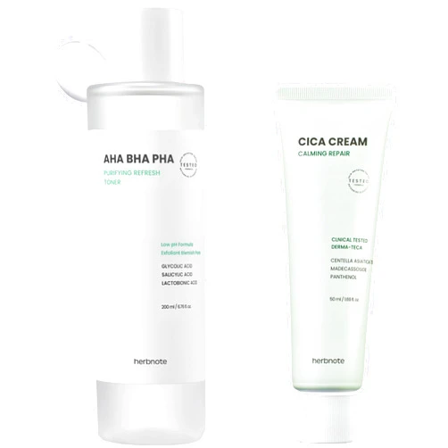 Herbnote AHA BHA PHA Purifying Refresh Toner & Derma-Teca Calming Repair CICA Cream Bundle
