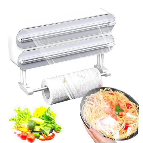 FLOWERTEEN Magnetic Plastic Wrap Dispenser with Cutter,3 in 1 Aluminum Foil wrap Organizer,Upgrade Practical Refillable Cling Wrap Film Cutter，Wall Mount Kitchen Wrap Dispenser - Fits 12