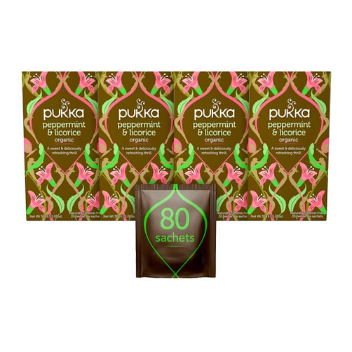 Pukka Herbs Organic Peppermint and Licorice Herbal Tea, 20 individually wrapped tea bags, 6 Count