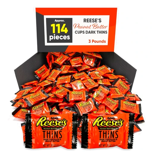 CHAIN & JO SWEETS Reeces Dark Peanut Butter Cups Thins Dark Chocolate & Peanut Butter - 3 Pound of Approx 114 Pieces Dark Chocolate Candy - Bulk Candy Individually Wrapped - Snacks reeces peanut butter cups Thins - Perfect for Gifting, Pinata Candy, and Office - Ideal Snacks For Adults & Kids