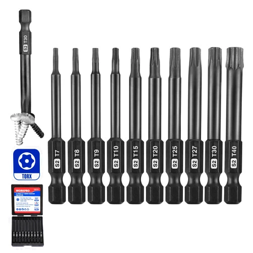 WORKPRO 10pcs Security Torx Bit Set, CNC Machined S2 Steel Star Bit Set, 2.3