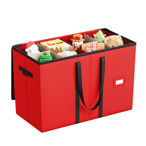SONGMICS Christmas Figurine Storage Box for 15-Inch Figurines and Nutcrackers, Holiday Decor Organizer with Adjustable Dividers, 8 Slots and 2 Pockets, Dual Zippers, Cherry Red URFB041R01
