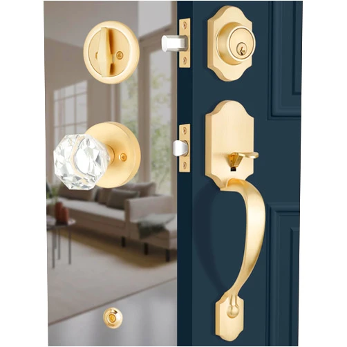 EHOMEWARE 1 Pack Front Door Lock Set, Exterior Door Handle Gold, Entry Door Locksets with Deadbolt, Front Door Handle, Glass Door Knobs, Reversible for Left & Right Doors, Satin Brass Finish