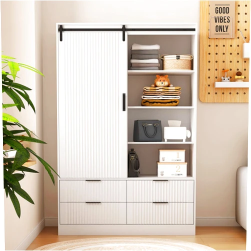 Generic Tall Bedroom Armoire Wardrobe Closet, Clothing Storage Cabinet with Adjustable Hanging Rod, Barn Door, Drawers, and Open Shelves, White