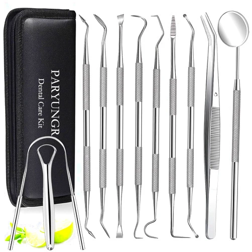 PARYUNGR 11 Pack Dental Tools PARYUNGR Teeth Cleaning Tool Kit, Stainless Steel Tongue Scraper Tartar Plaque Remover Tooth Cleaner Dental Floss Picks Mouth Mirror, Professional Oral Care Hygiene Set with Case