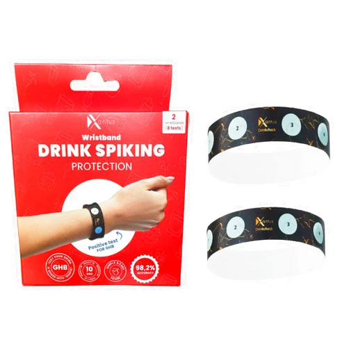 Xantus Drink Check Wristband Roofie Test by Xantus | Spiked Drink Bracelet Tester Detects GHB Within 10 Seconds Test Your Drink | Spiking Protection Detector Made in USA | (2 Black Wristbands 8 Tests)