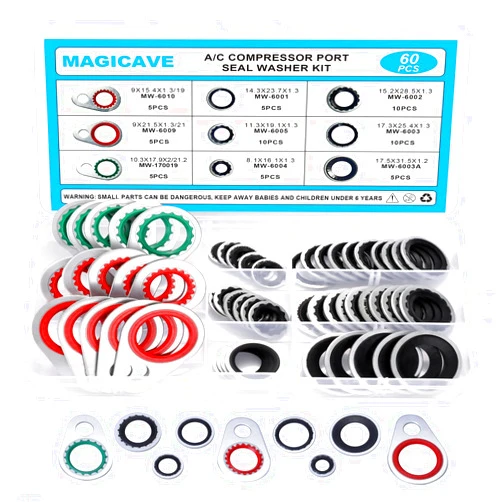 Magicave 60 PCS 9 Sizes A/C System Compressor Gasket Seals Air Conditioning Compressor Port Seal Washer Kit, AC Port Seal Washer Kit