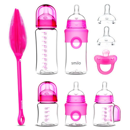 Smilo Baby Bottle Feeding Gift Set - Bottle Set with 100% Silicone Newborn Pacifier, Replacement Nipples and Baby Bottles Cleaning Brush - Perfect Essentials and Gift for Girls & Boys - Pink