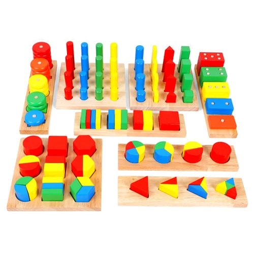 Toys of Wood Oxford TOWO Wooden Geometric Shapes Stacking Rings and Fractions Boards 8 in 1 Set Puzzles- Shape Sorter Sorting Toy Stacking Game – Montessori Materials Educational Learning Toys for 3 4 5 6 Years