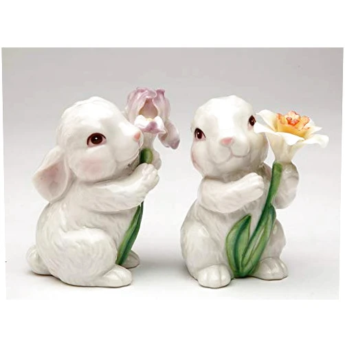 Cosmos Gifts Fine Porcelain Spring White Bunny Rabbit Holding Iris and Daffodil Flower Salt & Pepper Shakers Set, 3-1/8