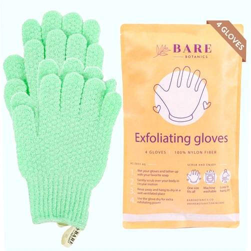 Bare Botanics 4 Pack Mint Exfoliating Gloves for Shower | 100% Nylon Fibers | Exfoliating Bath Gloves for Shower Exfoliating | Shower Gloves & Dead Skin Remover for Body | Wet & Dry Exfoliating Glove